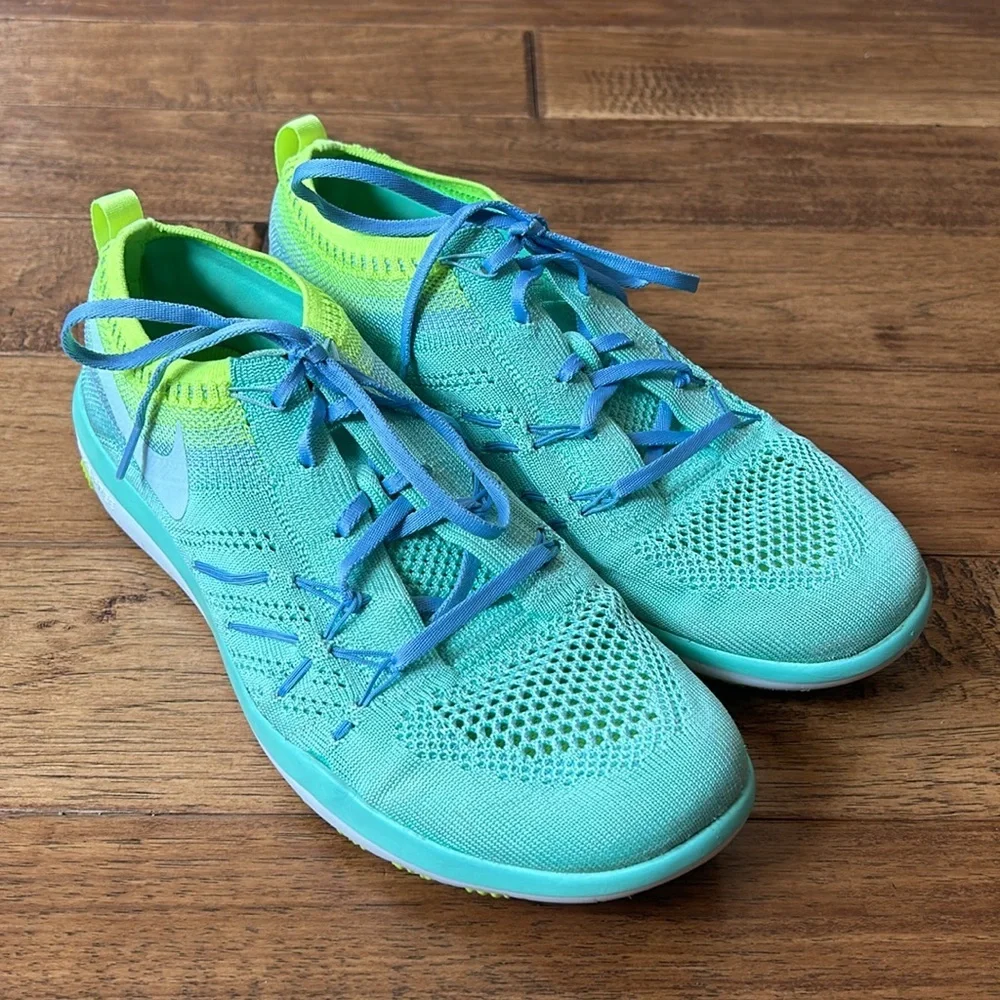 Nike Free TR Focus Flyknit Running Shoes Green Glow/Glacier Blue Women Size 8.5